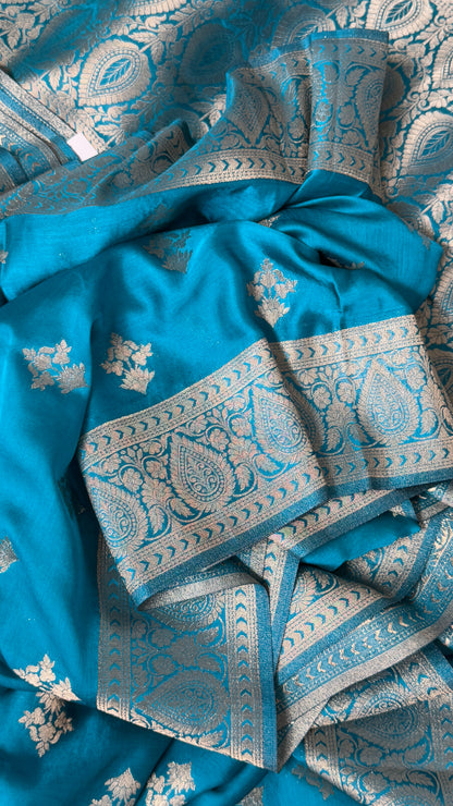 Elegant Georgette Crepe Silk Saree with Antique Gold Banarasi Borders - Blue