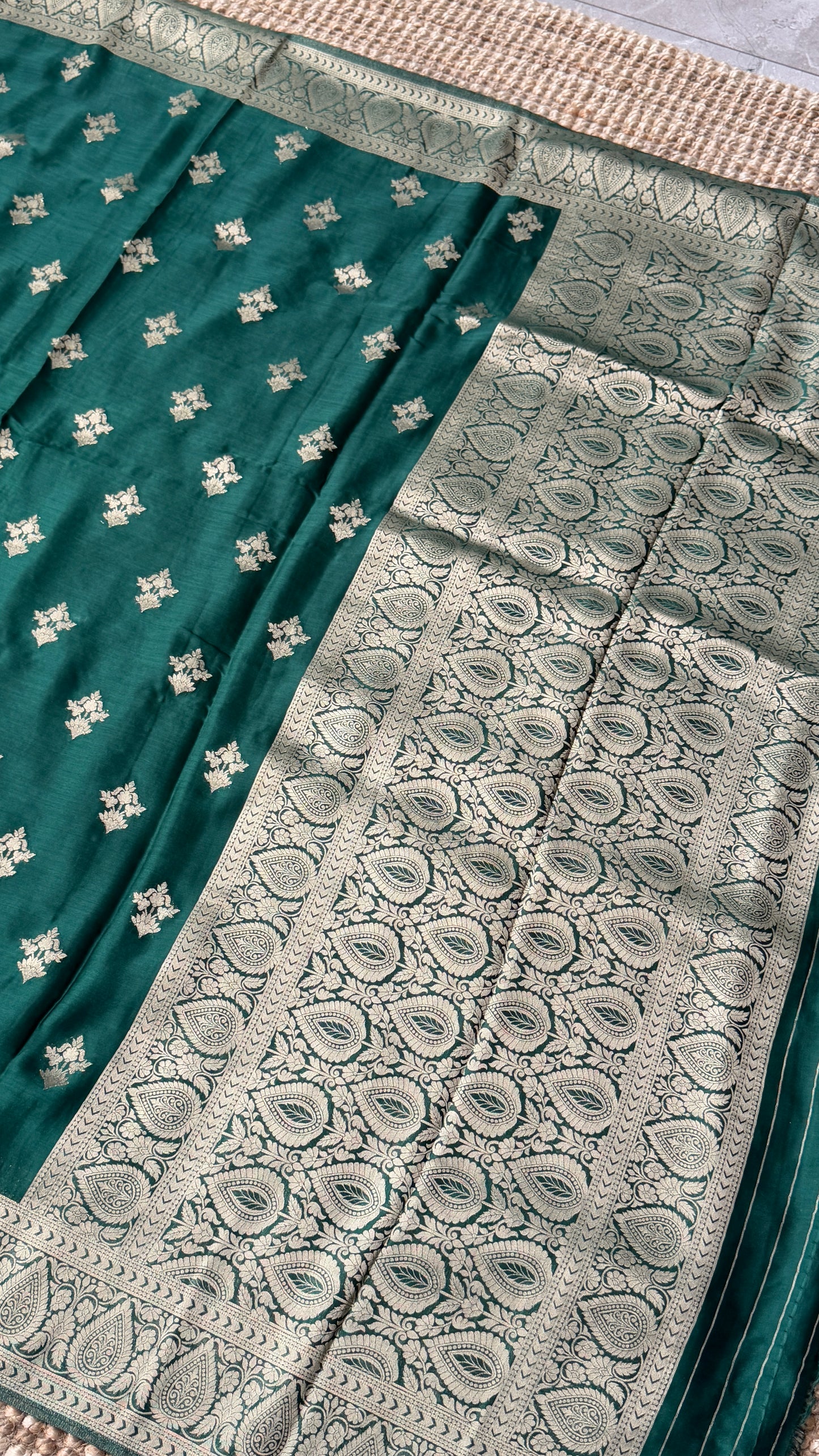 Elegant Georgette Crepe Silk Saree with Antique Gold Banarasi Borders - Bottle Green