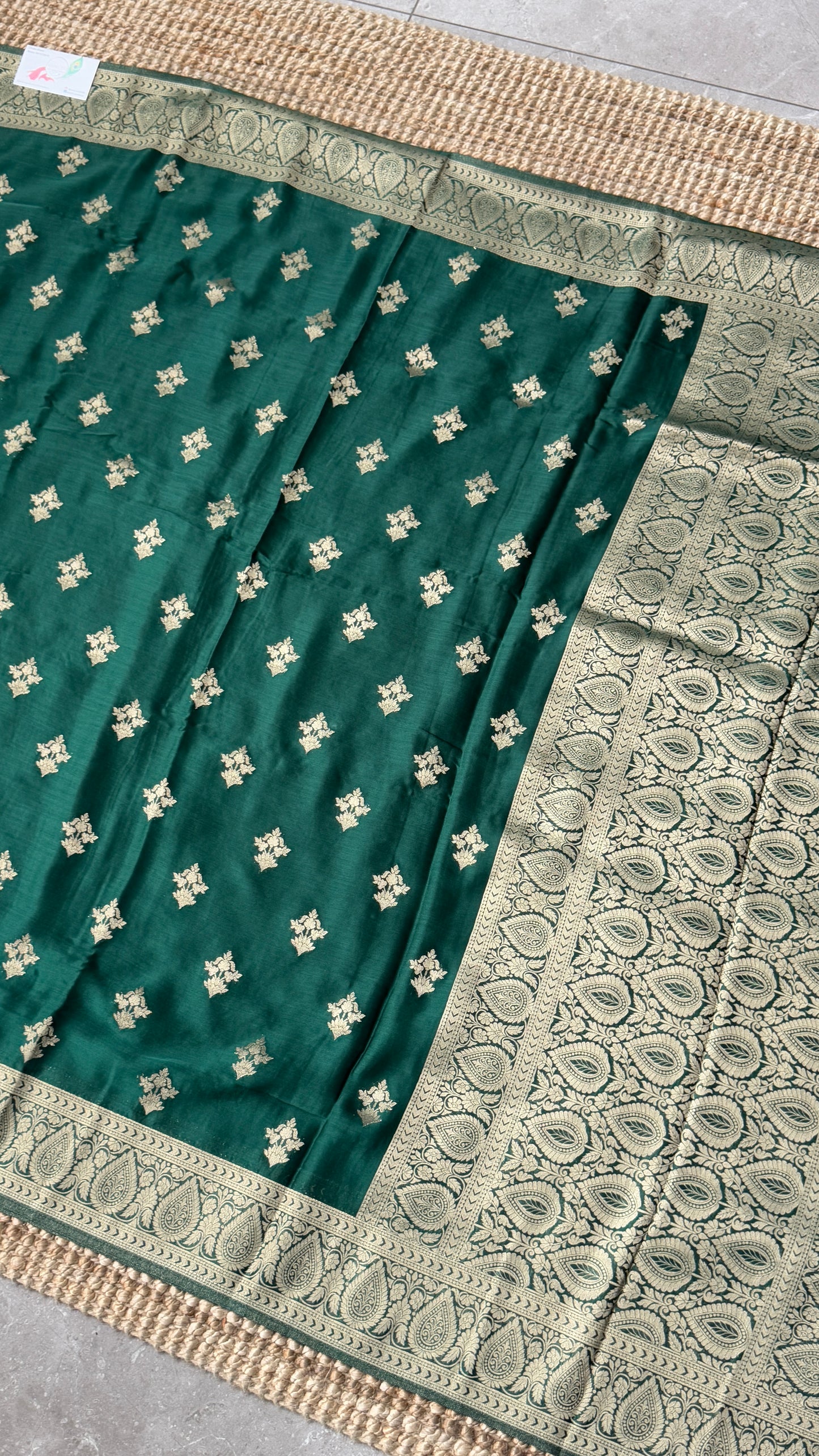 Elegant Georgette Crepe Silk Saree with Antique Gold Banarasi Borders - Bottle Green