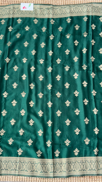 Elegant Georgette Crepe Silk Saree with Antique Gold Banarasi Borders - Bottle Green