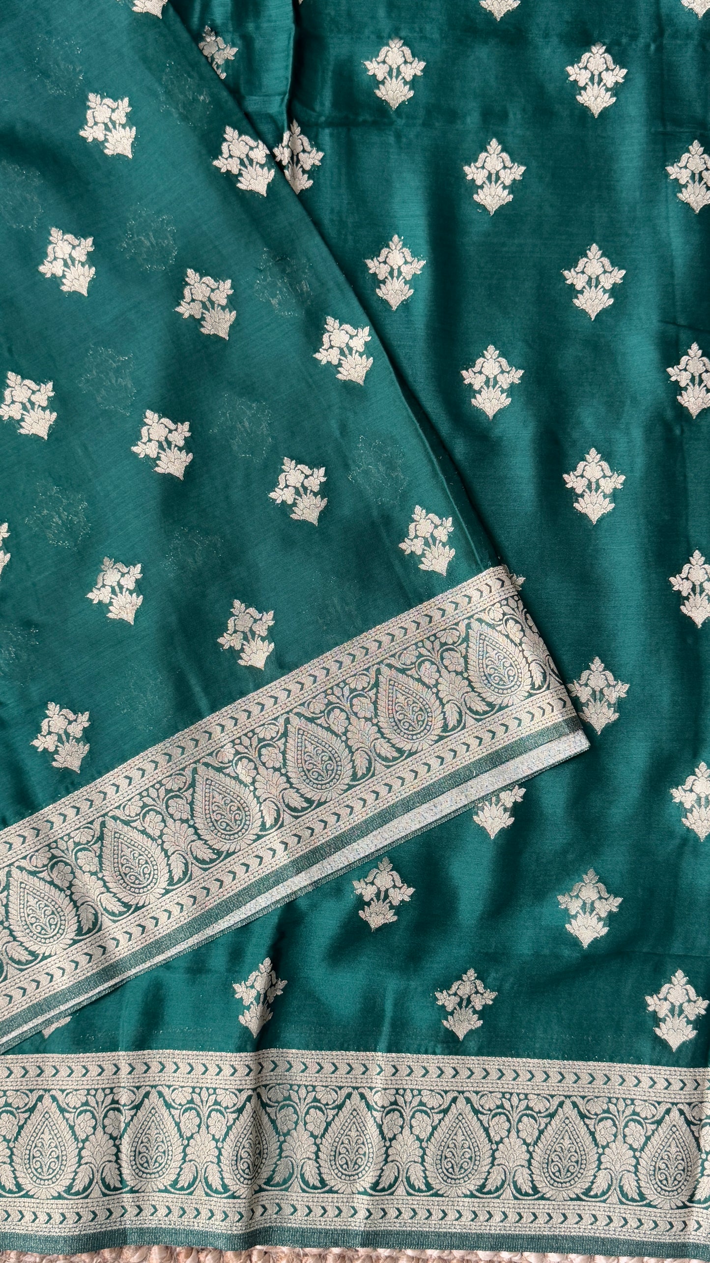 Elegant Georgette Crepe Silk Saree with Antique Gold Banarasi Borders - Bottle Green