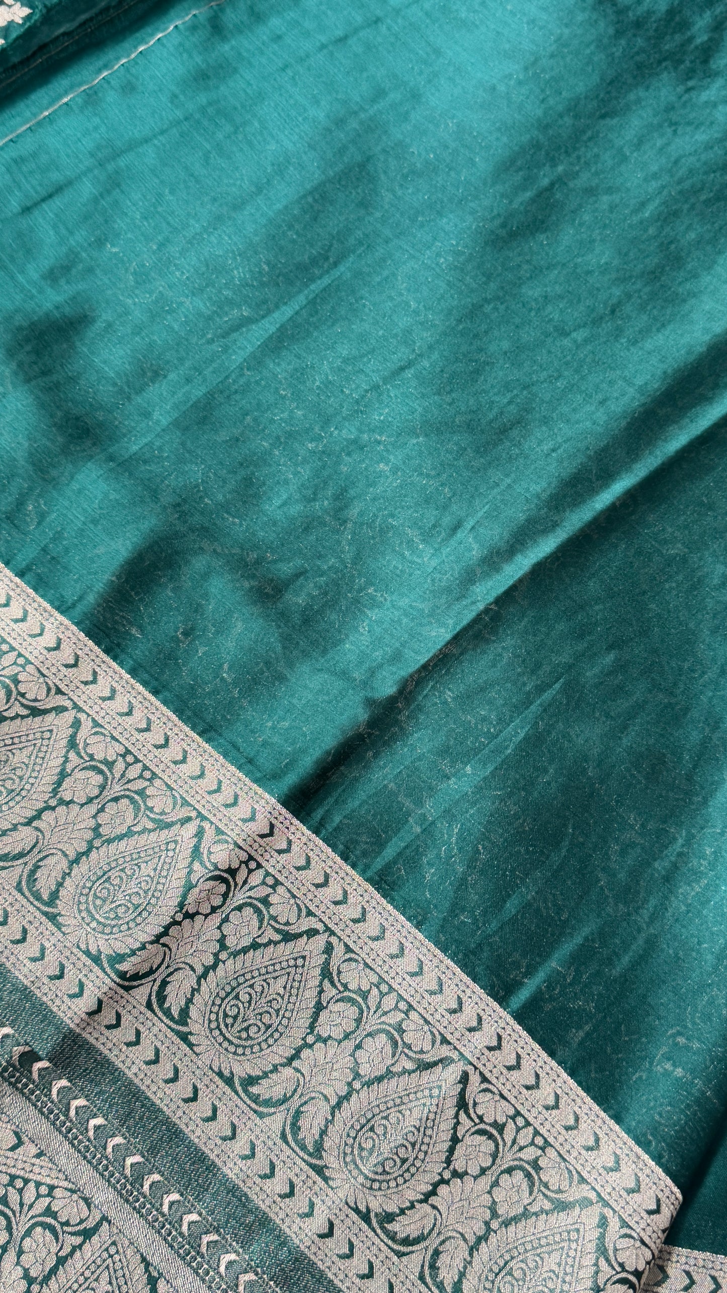 Elegant Georgette Crepe Silk Saree with Antique Gold Banarasi Borders - Bottle Green