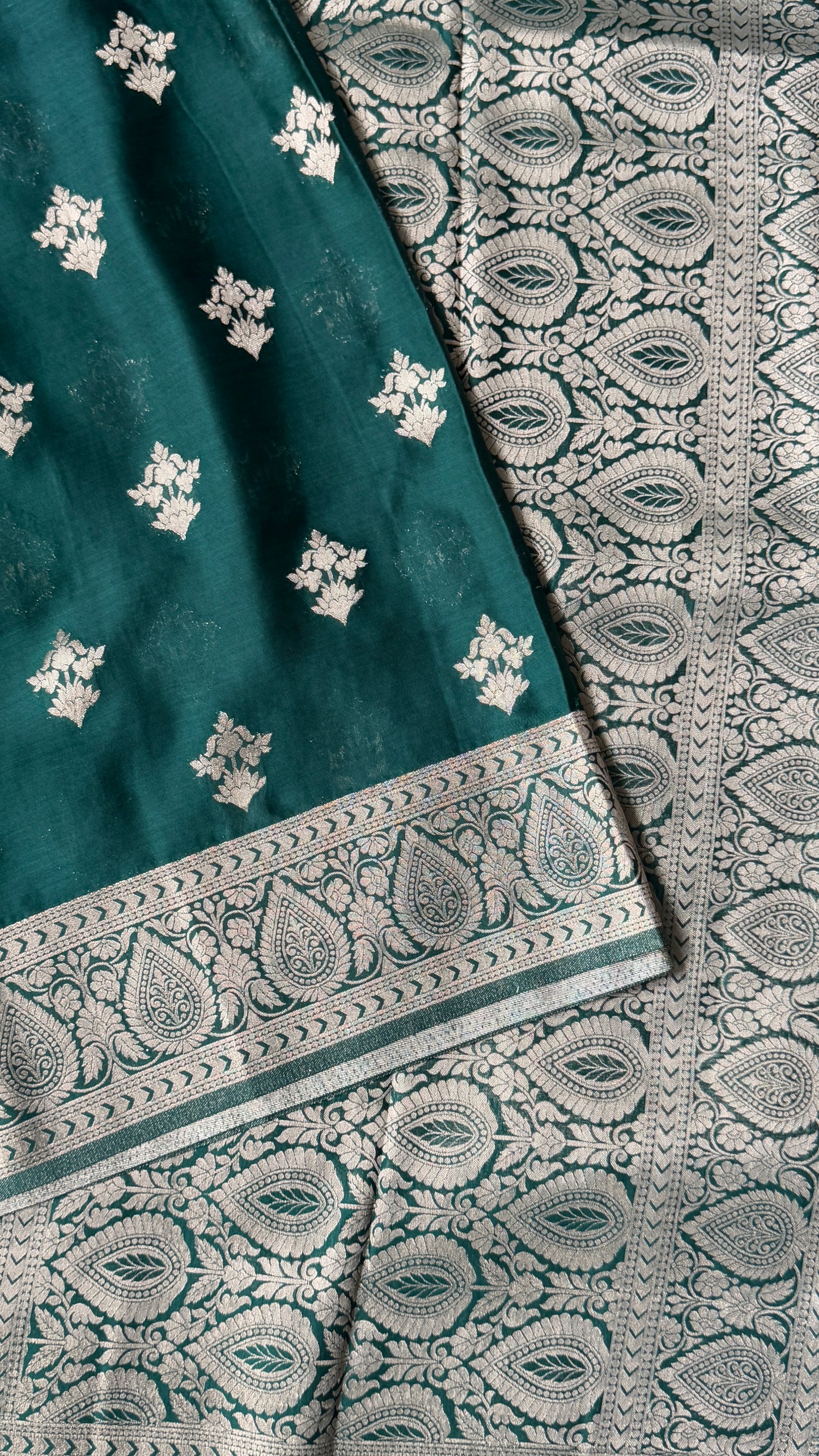 Elegant Georgette Crepe Silk Saree with Antique Gold Banarasi Borders - Bottle Green