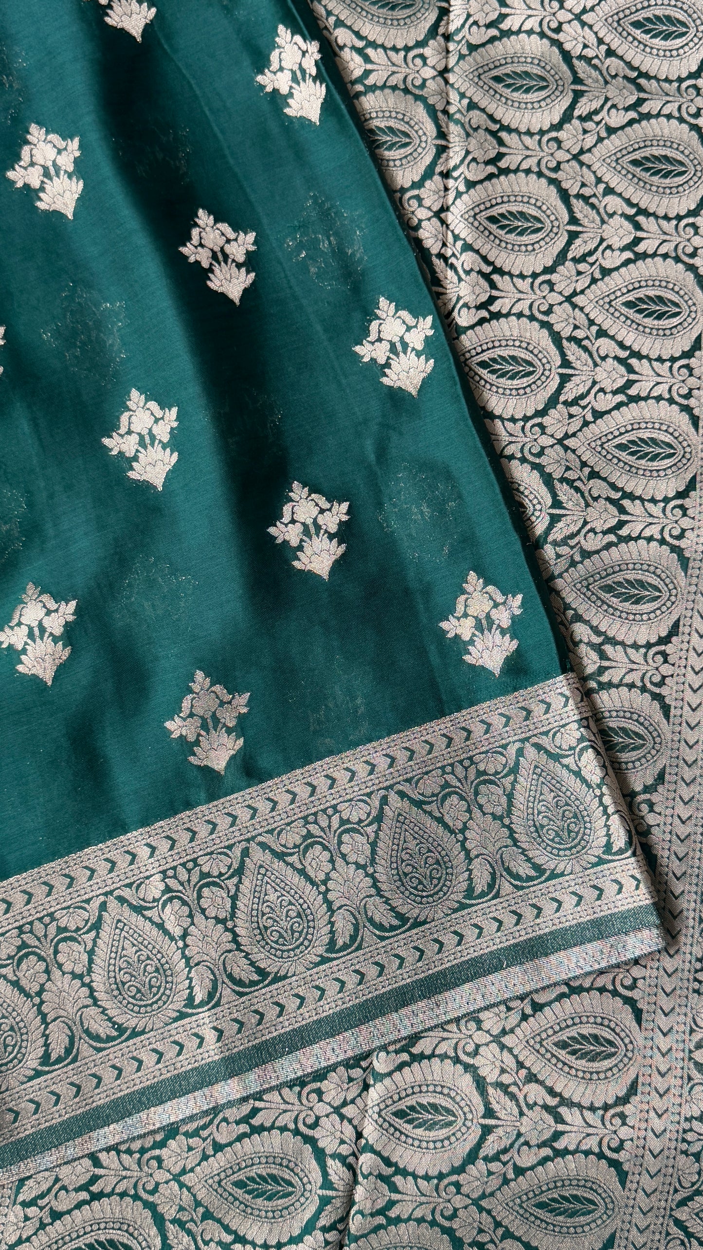 Elegant Georgette Crepe Silk Saree with Antique Gold Banarasi Borders - Bottle Green
