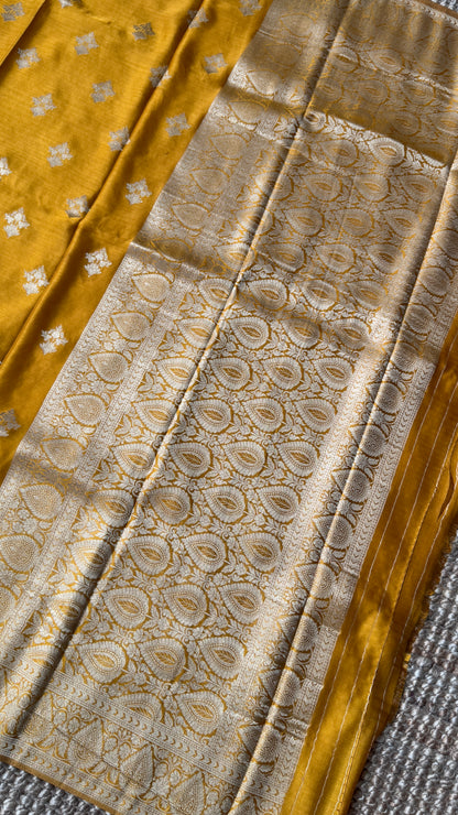 Elegant Georgette Crepe Silk Saree with Antique Gold Banarasi Borders - Mustard
