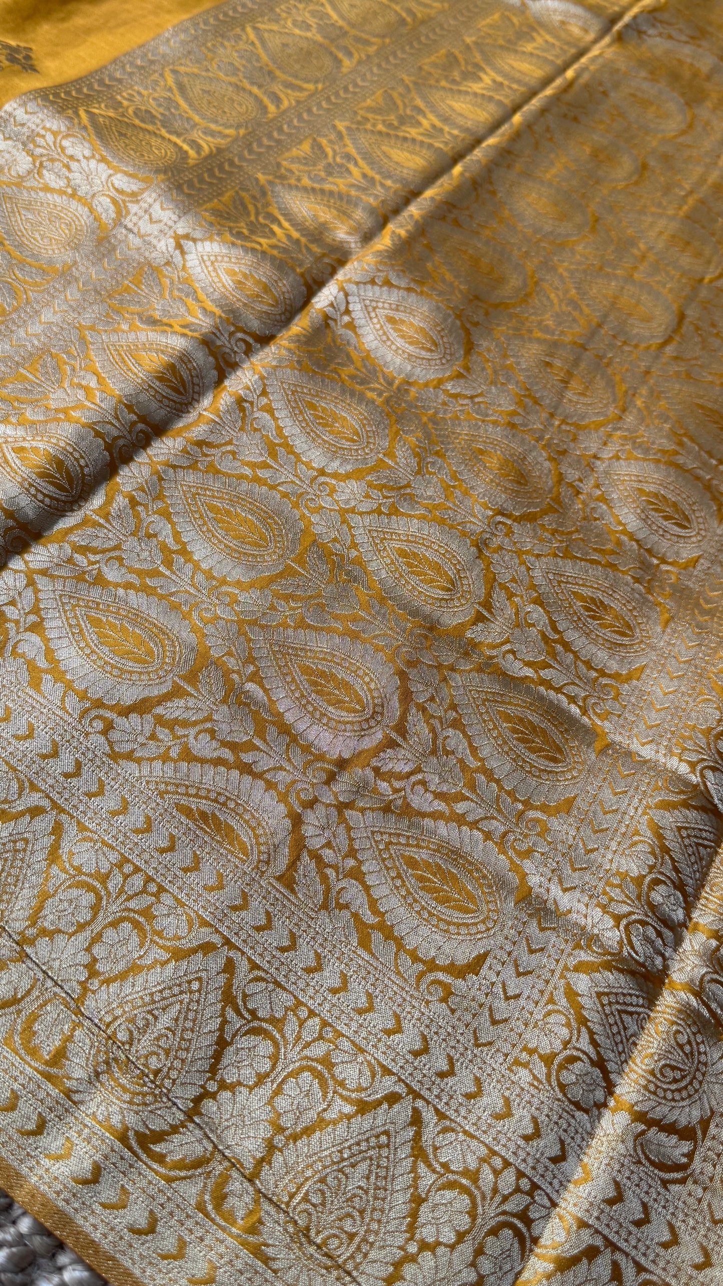 Elegant Georgette Crepe Silk Saree with Antique Gold Banarasi Borders - Mustard