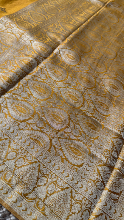 Elegant Georgette Crepe Silk Saree with Antique Gold Banarasi Borders - Mustard