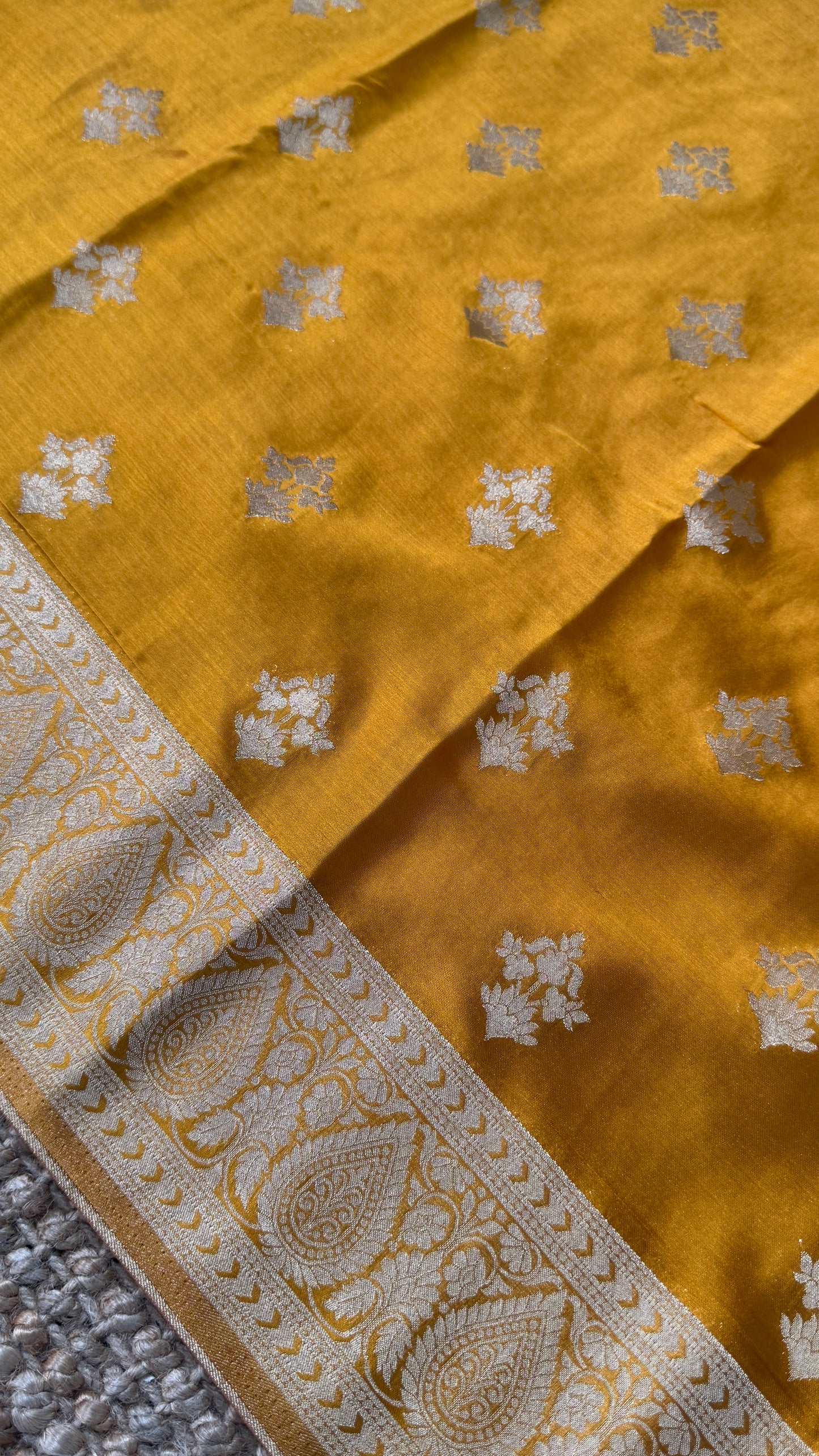 Elegant Georgette Crepe Silk Saree with Antique Gold Banarasi Borders - Mustard