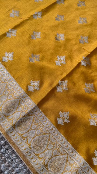 Elegant Georgette Crepe Silk Saree with Antique Gold Banarasi Borders - Mustard