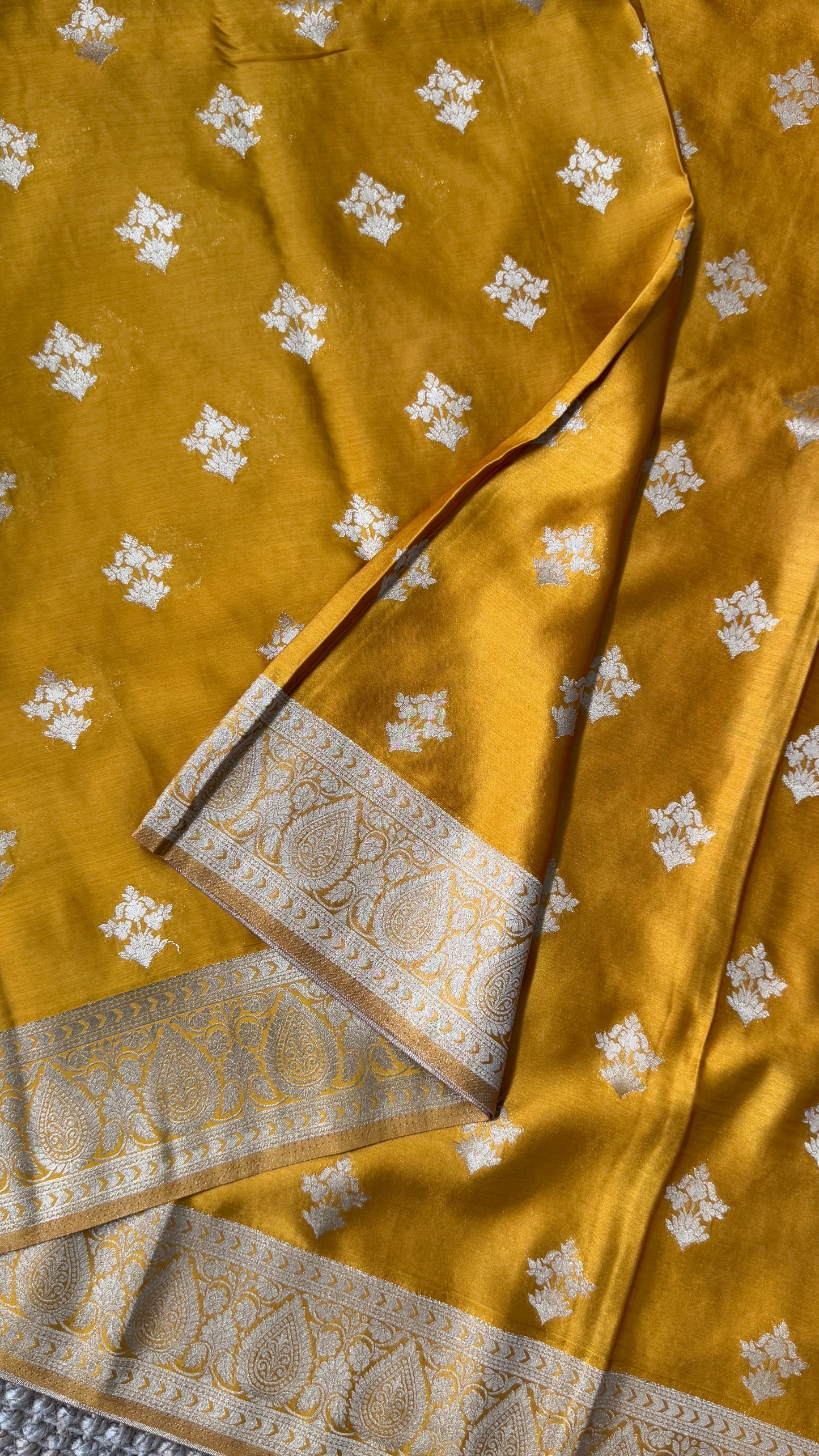 Elegant Georgette Crepe Silk Saree with Antique Gold Banarasi Borders - Mustard