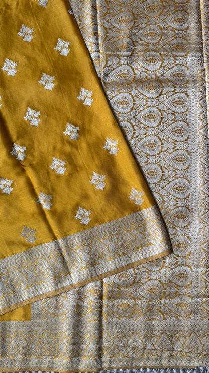 Elegant Georgette Crepe Silk Saree with Antique Gold Banarasi Borders - Mustard