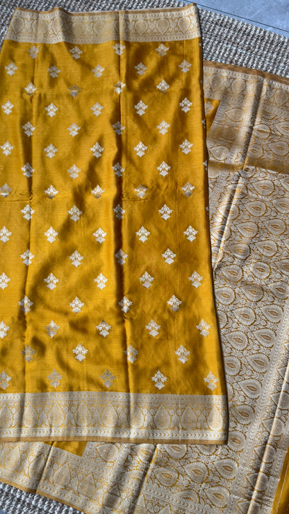 Elegant Georgette Crepe Silk Saree with Antique Gold Banarasi Borders - Mustard