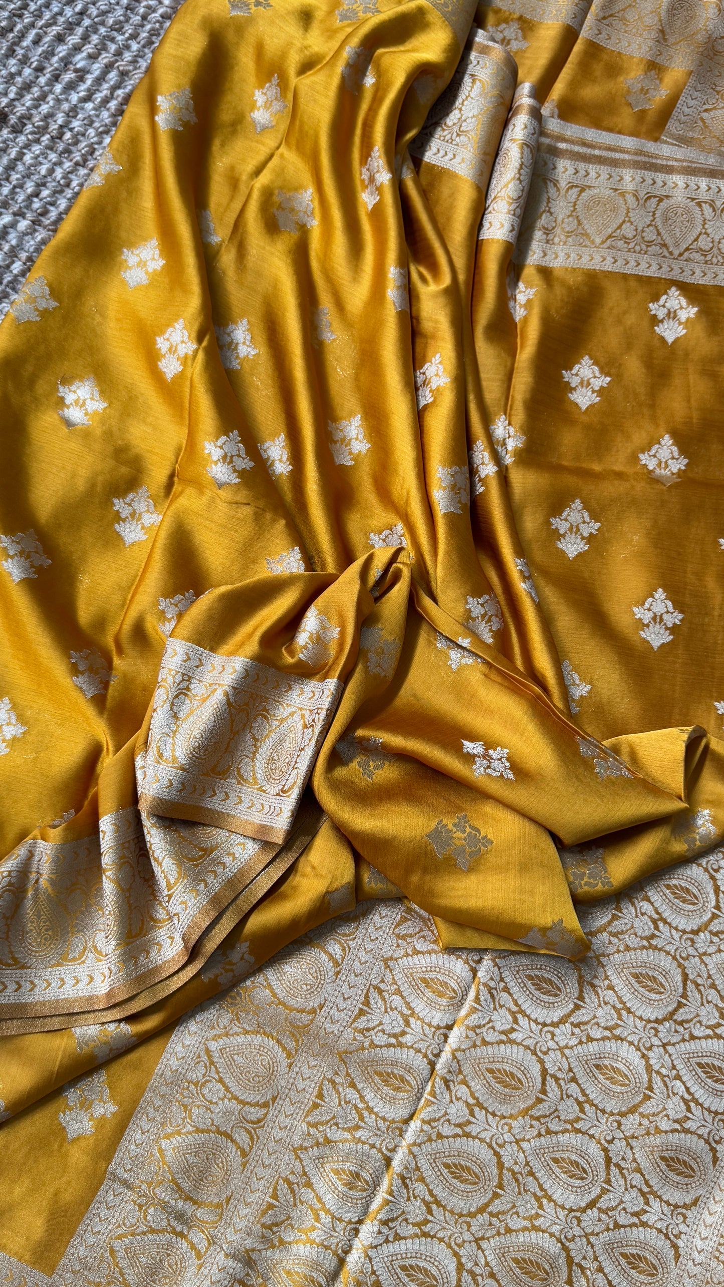 Elegant Georgette Crepe Silk Saree with Antique Gold Banarasi Borders - Mustard