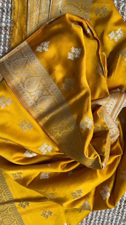 Elegant Georgette Crepe Silk Saree with Antique Gold Banarasi Borders - Mustard