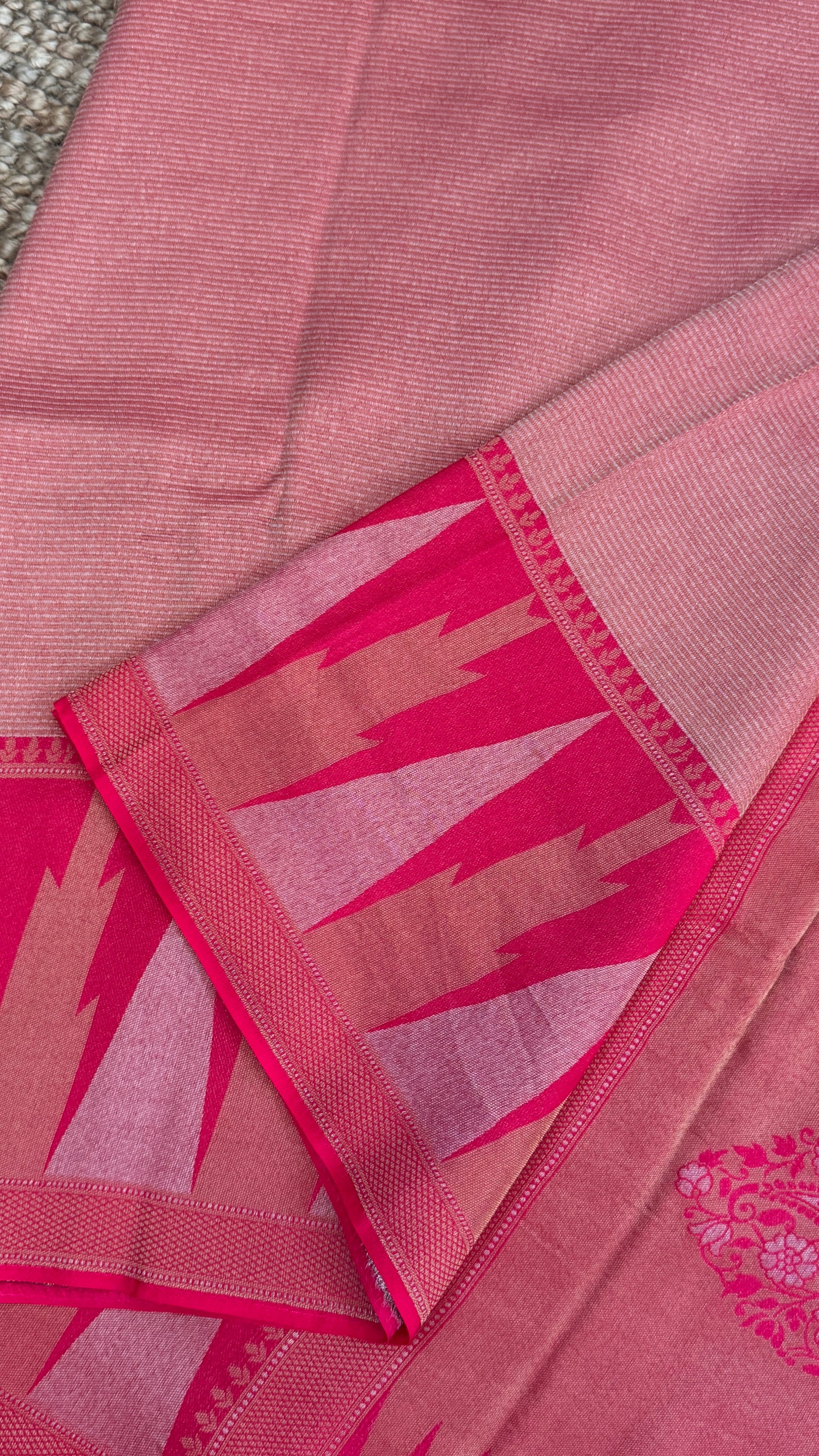 Pure Tissue Kanchivaram in Temple Border - Candy Pink