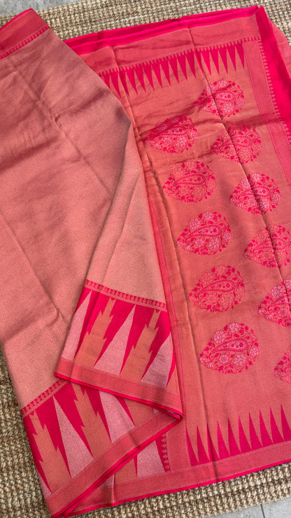 Pure Tissue Kanchivaram in Temple Border - Candy Pink
