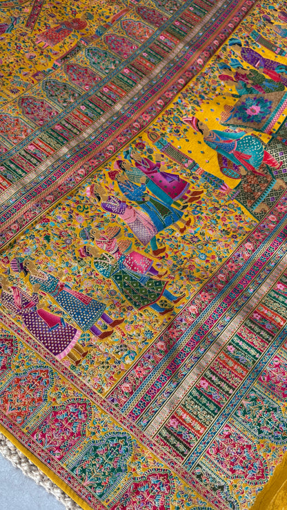 A Kashmiri Pashmina Banarasi Handwoven Storytelling Sarees - Yellow