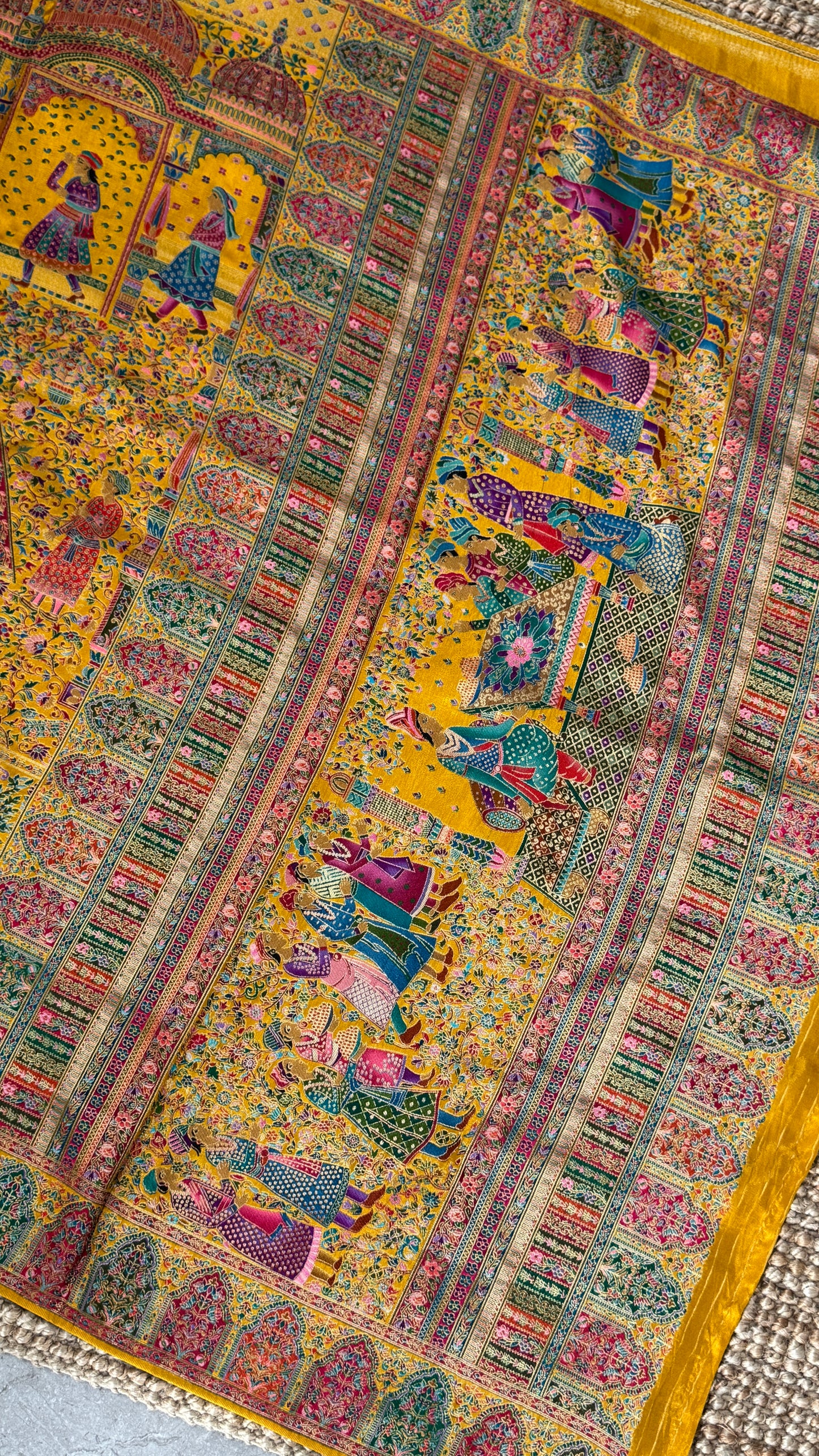 A Kashmiri Pashmina Banarasi Handwoven Storytelling Sarees - Yellow