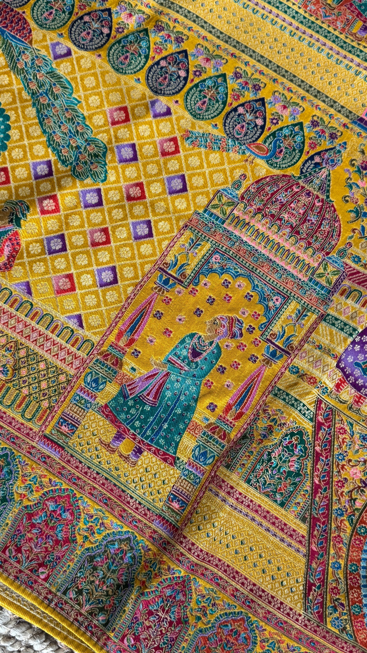 A Kashmiri Pashmina Banarasi Handwoven Storytelling Sarees - Yellow