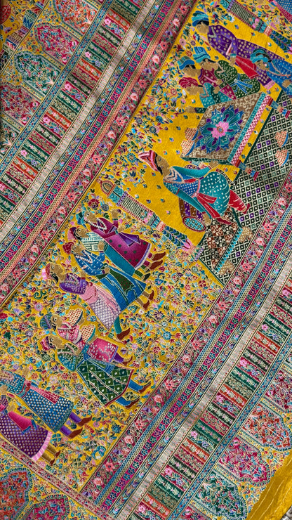 A Kashmiri Pashmina Banarasi Handwoven Storytelling Sarees - Yellow