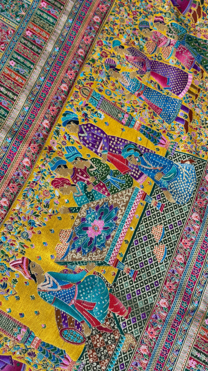 A Kashmiri Pashmina Banarasi Handwoven Storytelling Sarees - Yellow