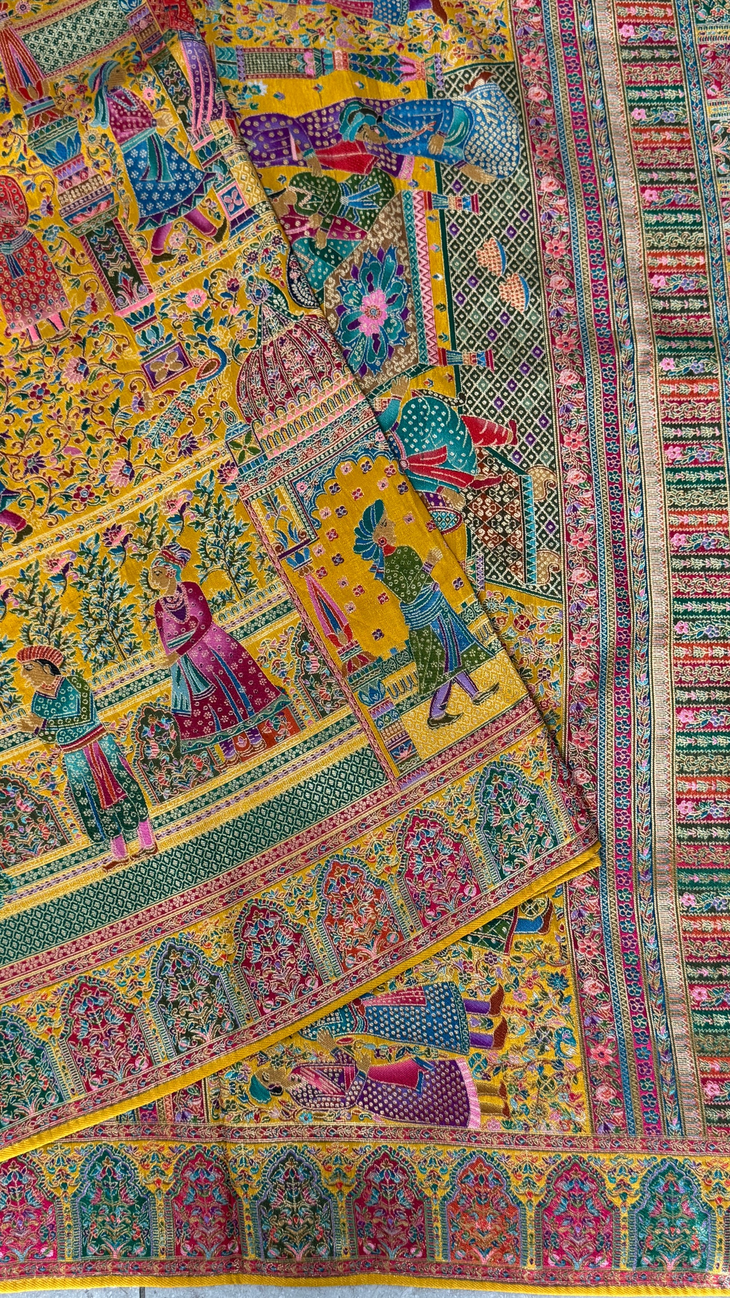 A Kashmiri Pashmina Banarasi Handwoven Storytelling Sarees - Yellow