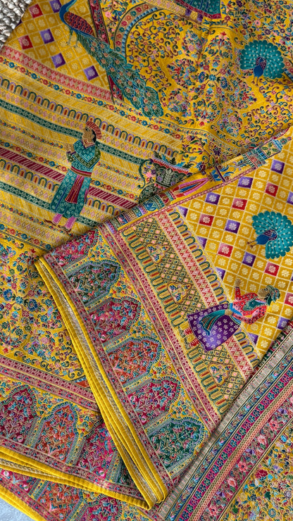 A Kashmiri Pashmina Banarasi Handwoven Storytelling Sarees - Yellow