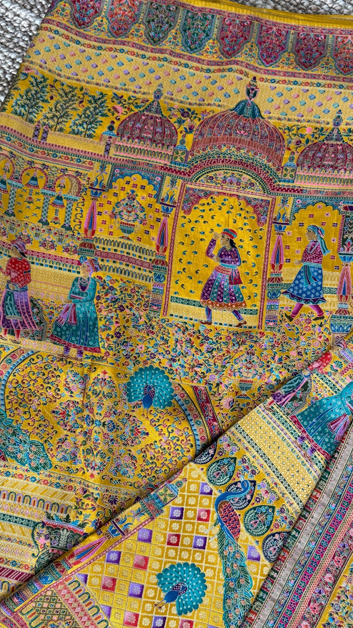 A Kashmiri Pashmina Banarasi Handwoven Storytelling Sarees - Yellow