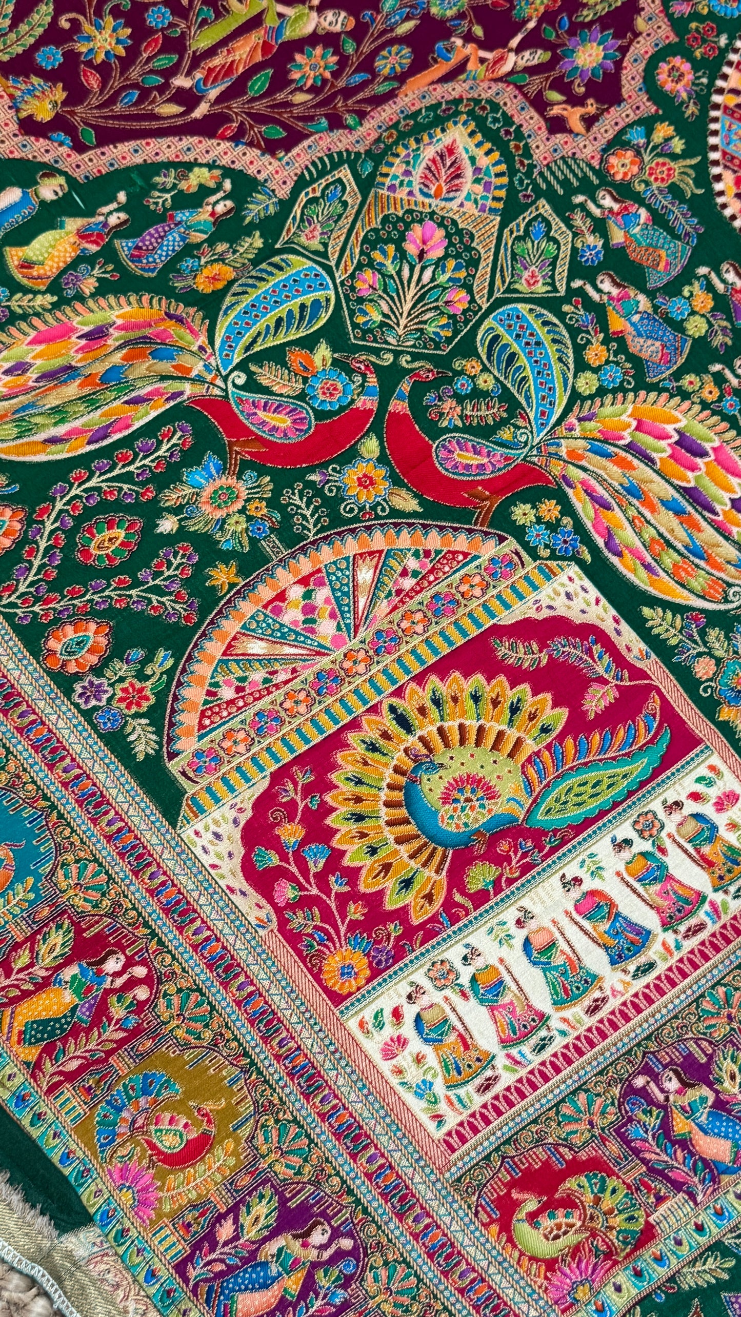 A Kashmiri Pashmina Banarasi Handwoven Storytelling Sarees - Wine & Teal