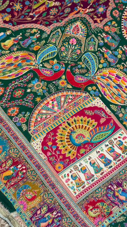 A Kashmiri Pashmina Banarasi Handwoven Storytelling Sarees - Wine & Teal