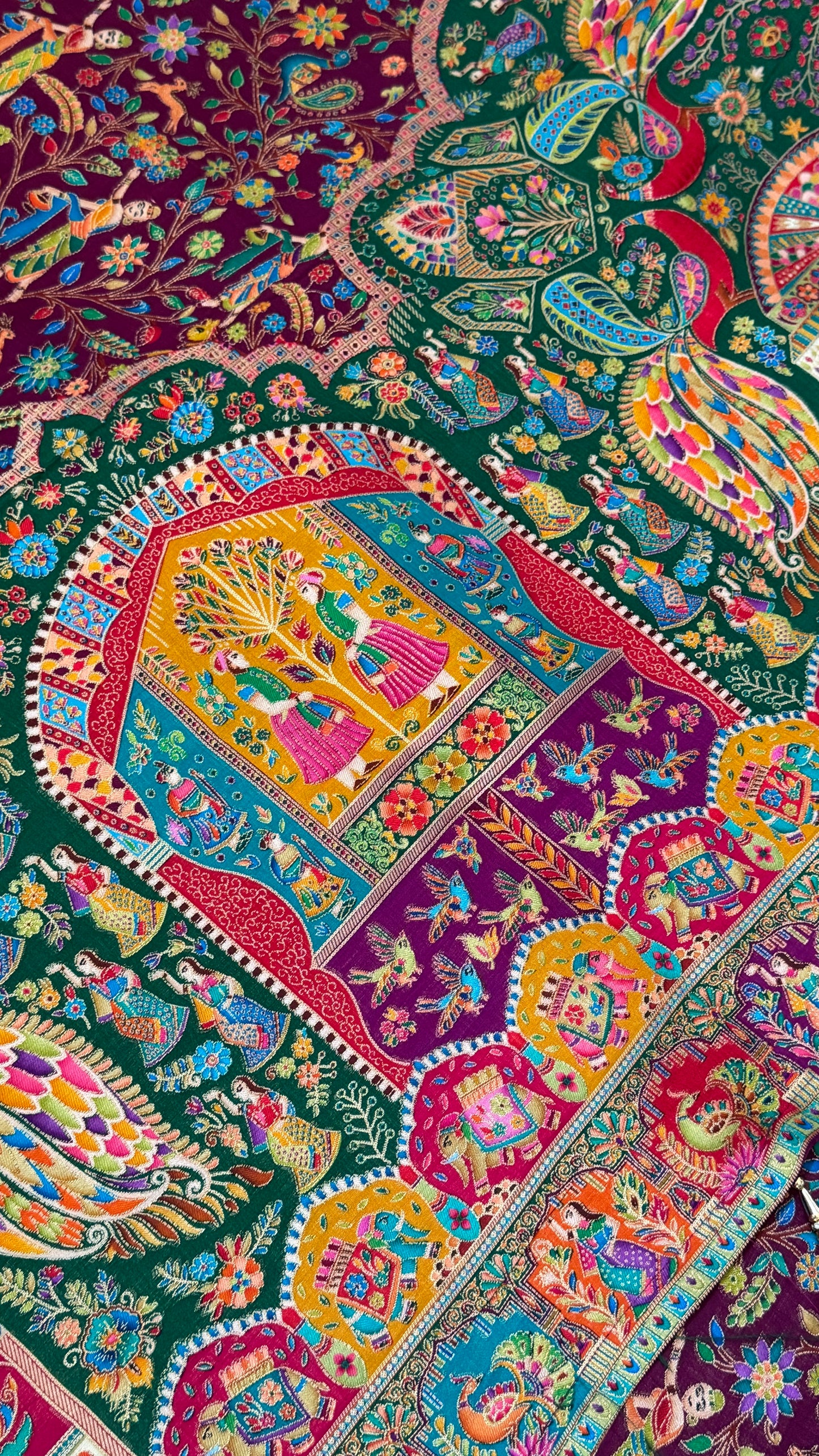 A Kashmiri Pashmina Banarasi Handwoven Storytelling Sarees - Wine & Teal