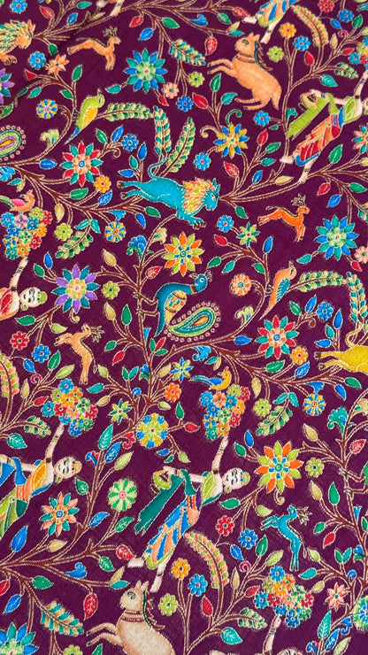 A Kashmiri Pashmina Banarasi Handwoven Storytelling Sarees - Wine & Teal