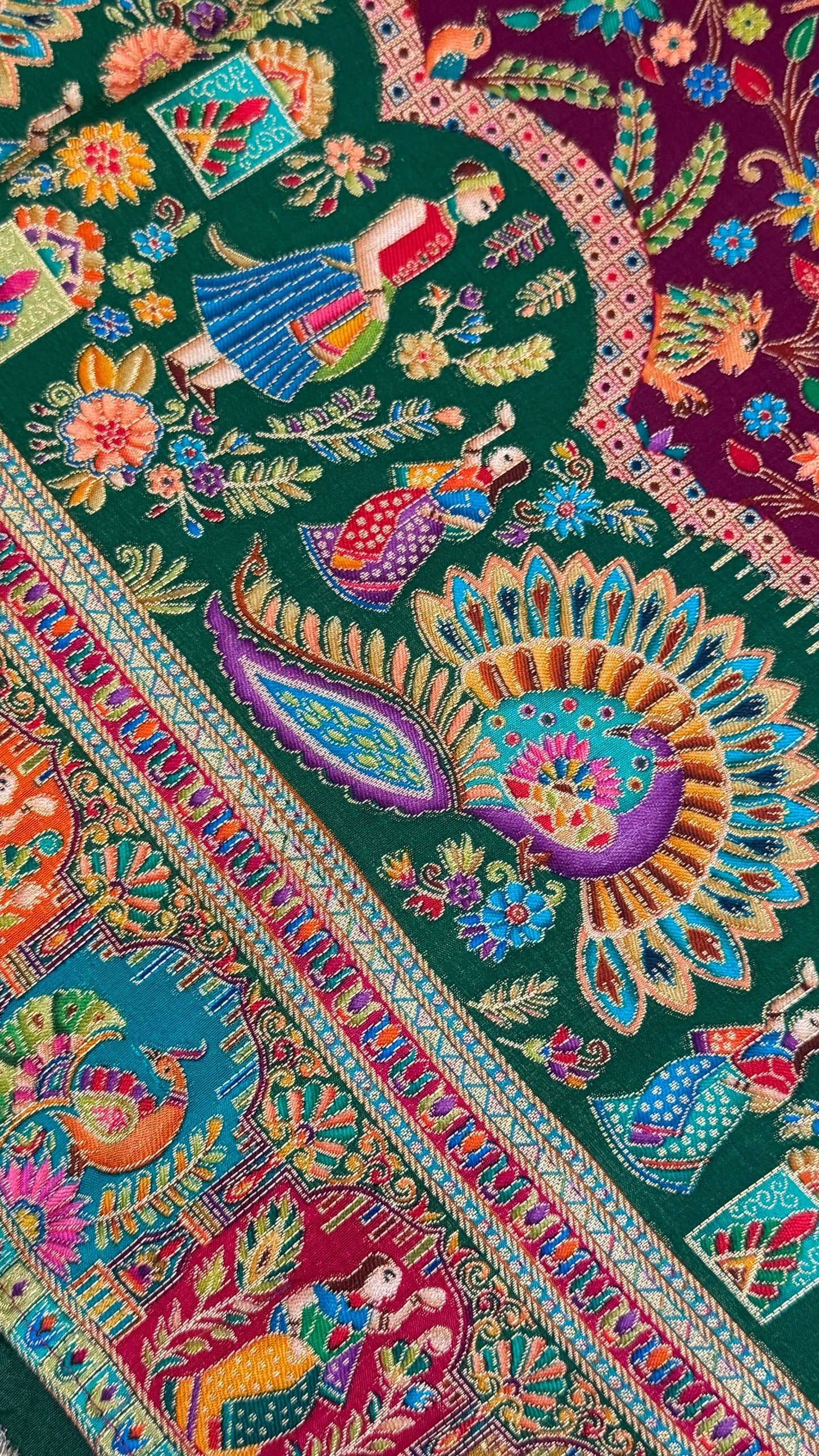 A Kashmiri Pashmina Banarasi Handwoven Storytelling Sarees - Wine & Teal