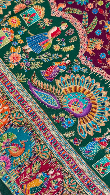 A Kashmiri Pashmina Banarasi Handwoven Storytelling Sarees - Wine & Teal