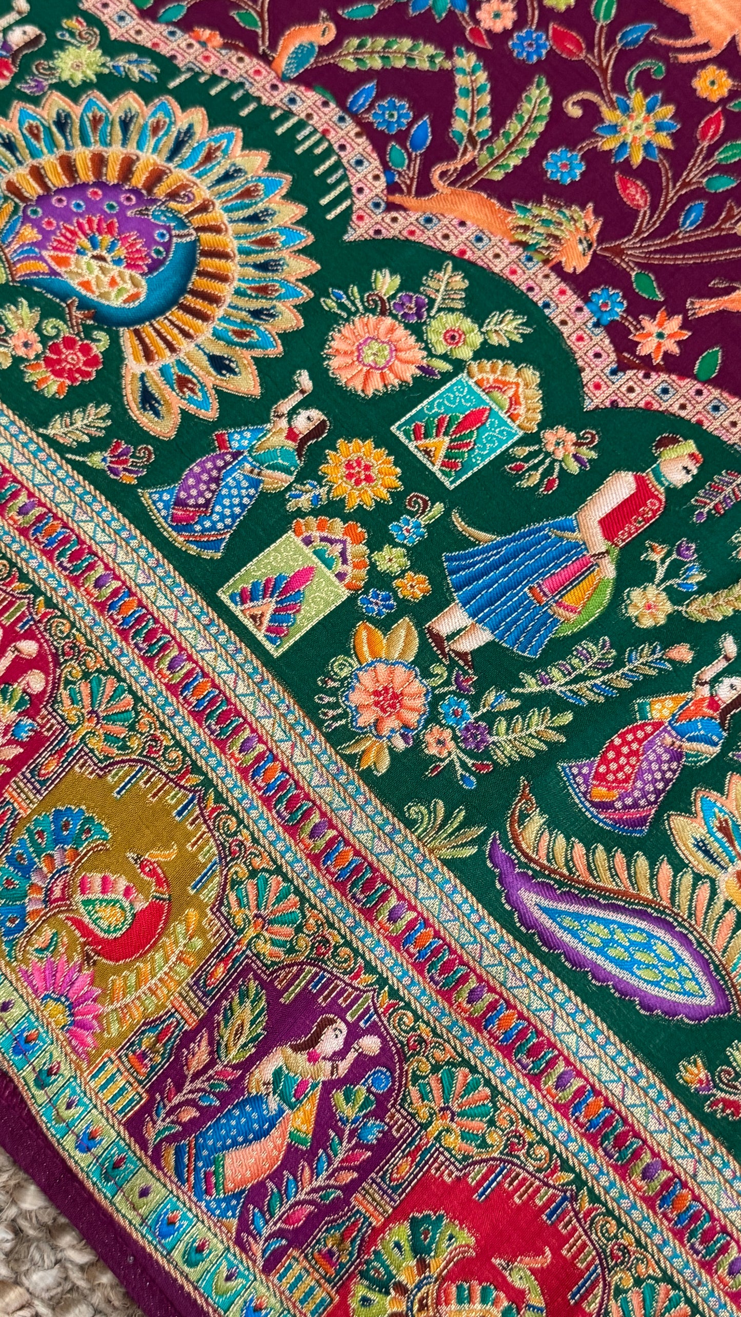 A Kashmiri Pashmina Banarasi Handwoven Storytelling Sarees - Wine & Teal