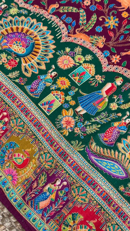 A Kashmiri Pashmina Banarasi Handwoven Storytelling Sarees - Wine & Teal