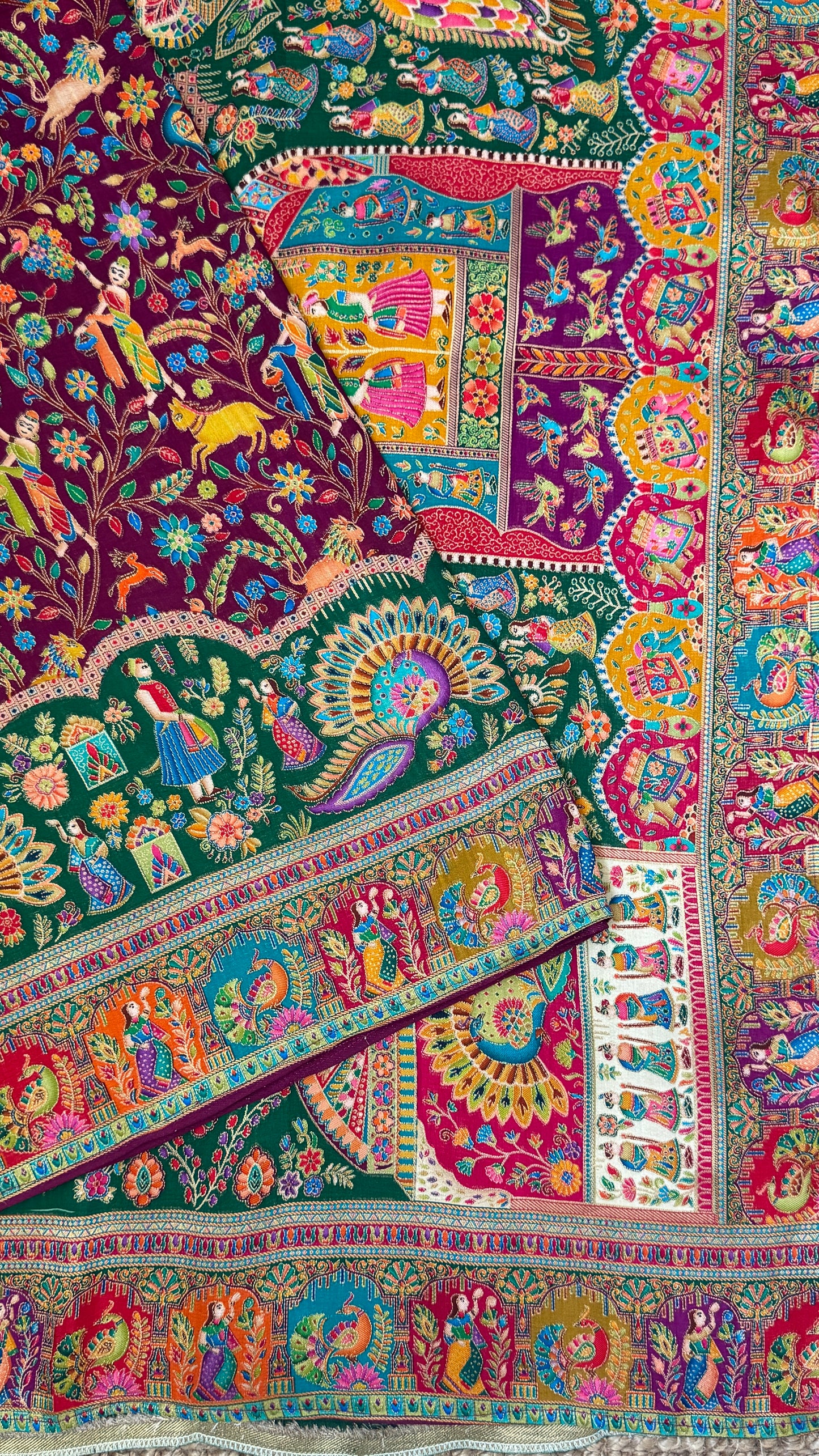 A Kashmiri Pashmina Banarasi Handwoven Storytelling Sarees - Wine & Teal