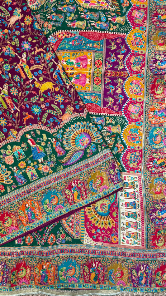 A Kashmiri Pashmina Banarasi Handwoven Storytelling Sarees - Wine & Teal