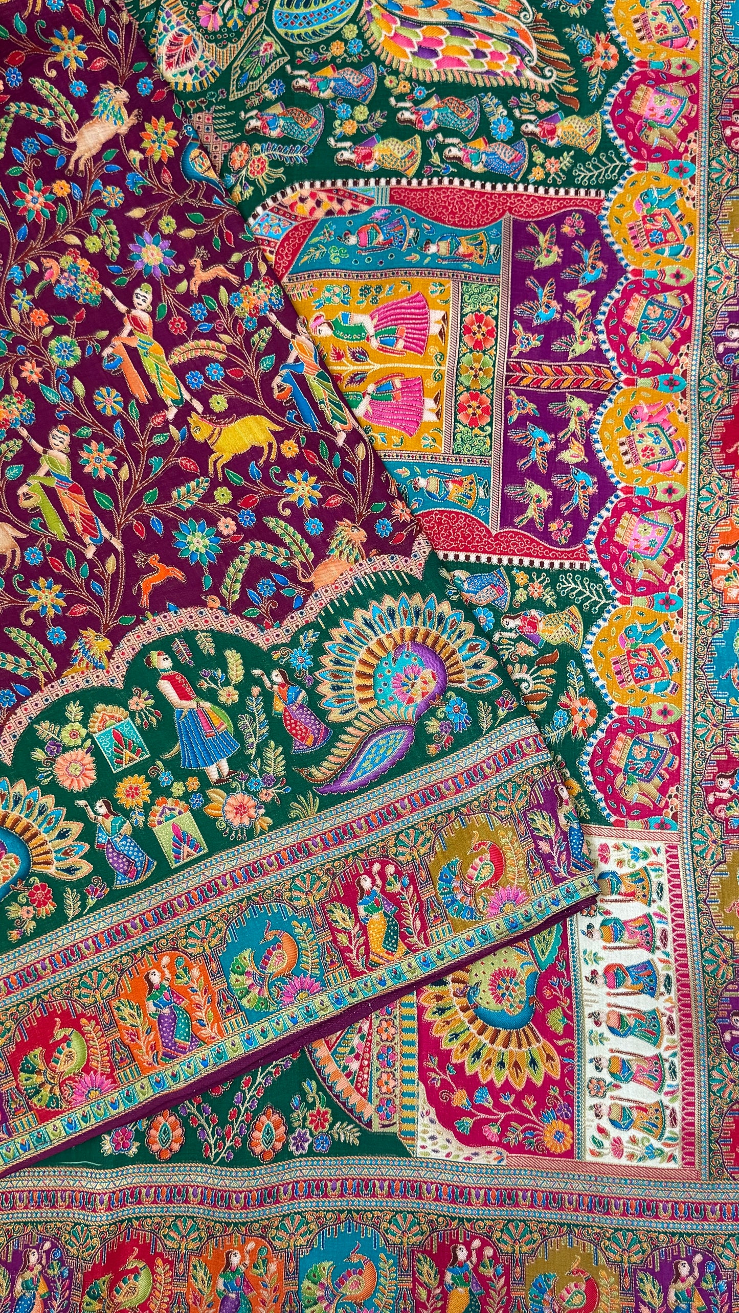 A Kashmiri Pashmina Banarasi Handwoven Storytelling Sarees - Wine & Teal