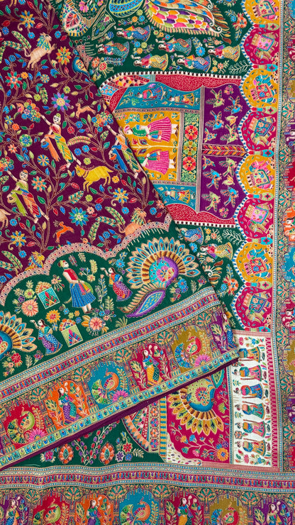 A Kashmiri Pashmina Banarasi Handwoven Storytelling Sarees - Wine & Teal