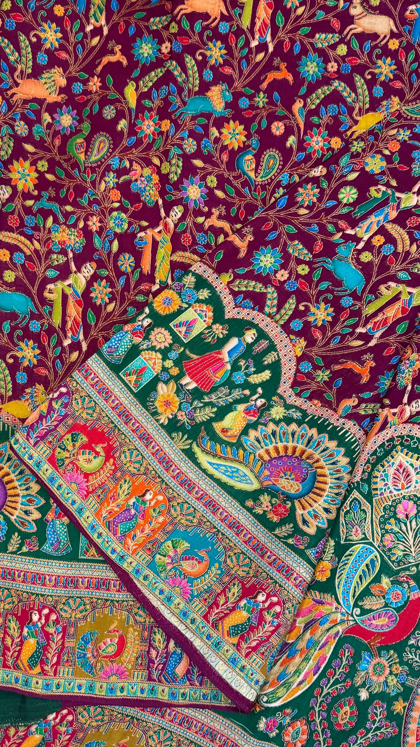 A Kashmiri Pashmina Banarasi Handwoven Storytelling Sarees - Wine & Teal