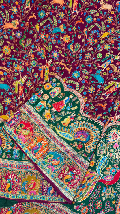 A Kashmiri Pashmina Banarasi Handwoven Storytelling Sarees - Wine & Teal