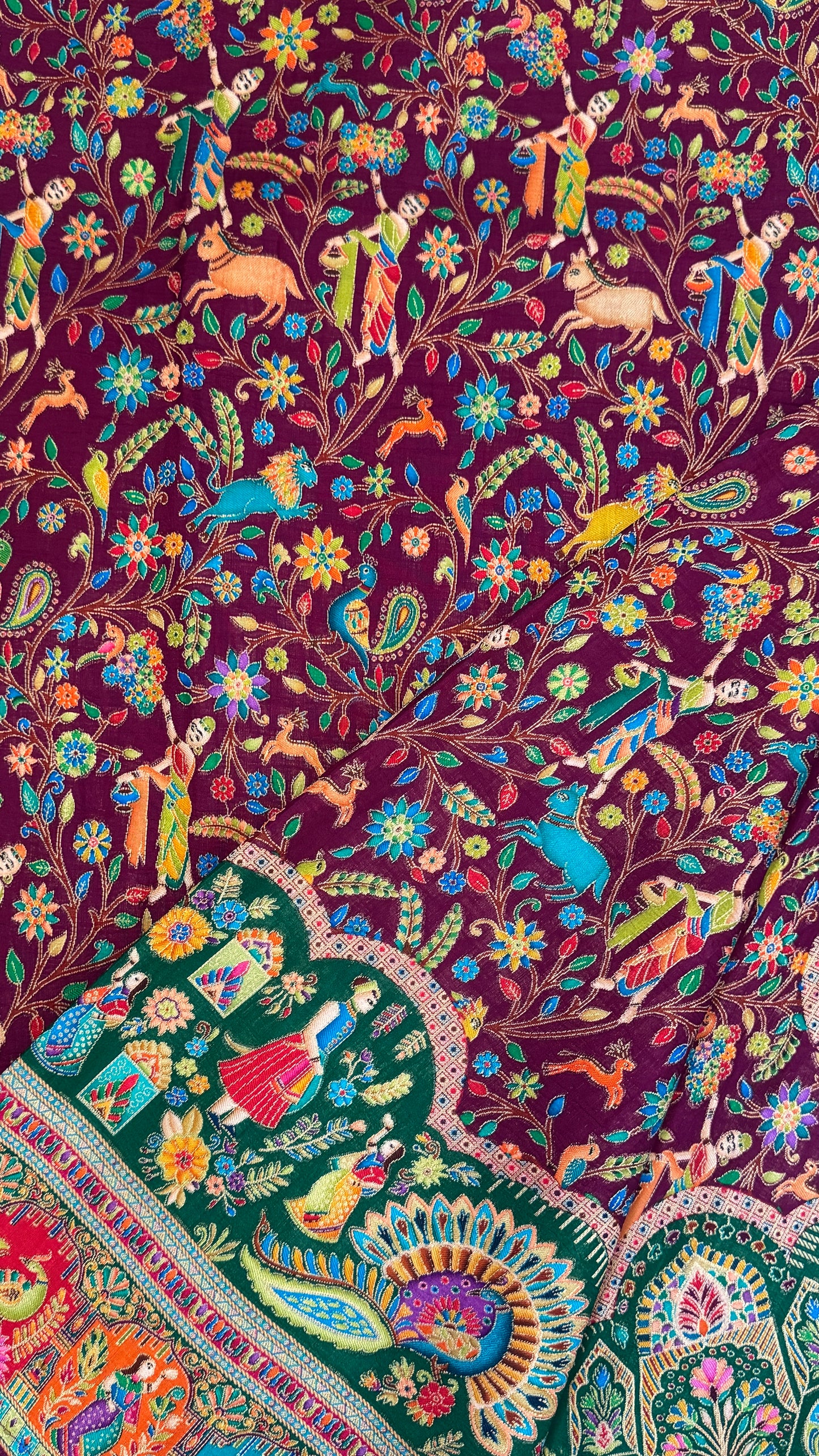 A Kashmiri Pashmina Banarasi Handwoven Storytelling Sarees - Wine & Teal