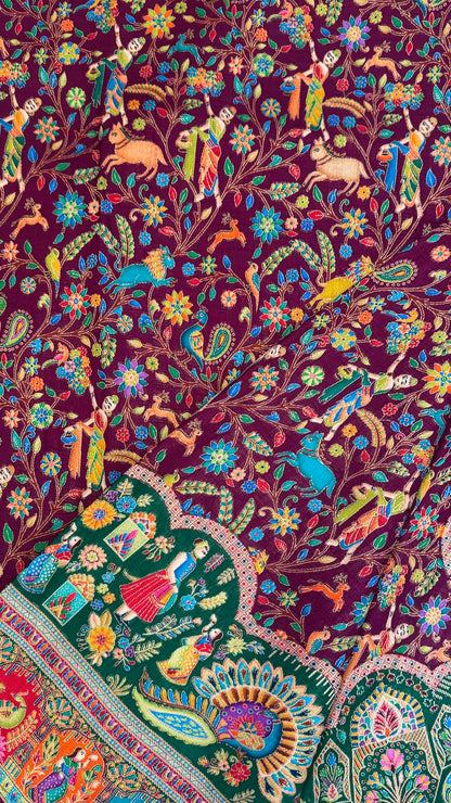 A Kashmiri Pashmina Banarasi Handwoven Storytelling Sarees - Wine & Teal