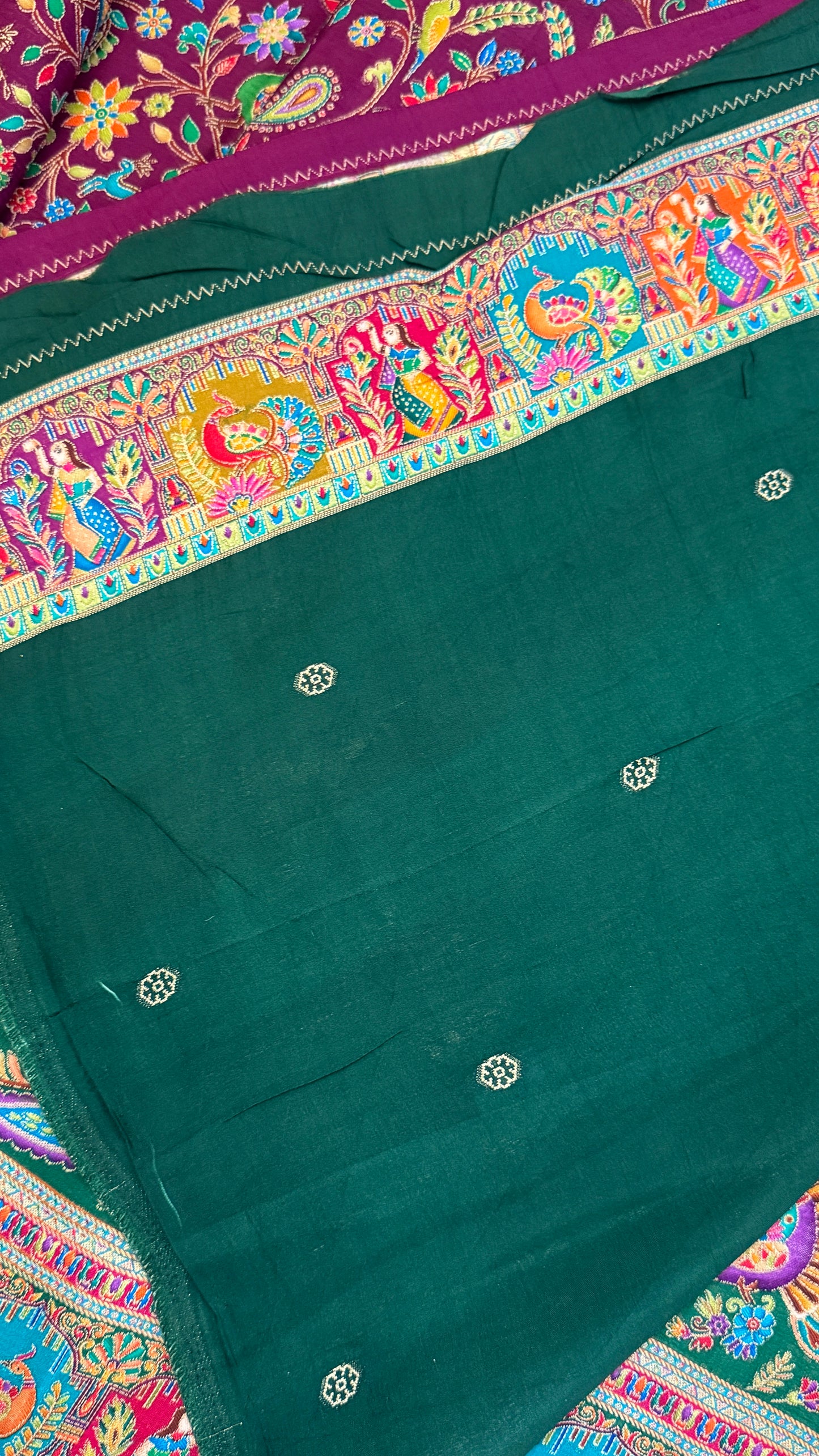A Kashmiri Pashmina Banarasi Handwoven Storytelling Sarees - Wine & Teal