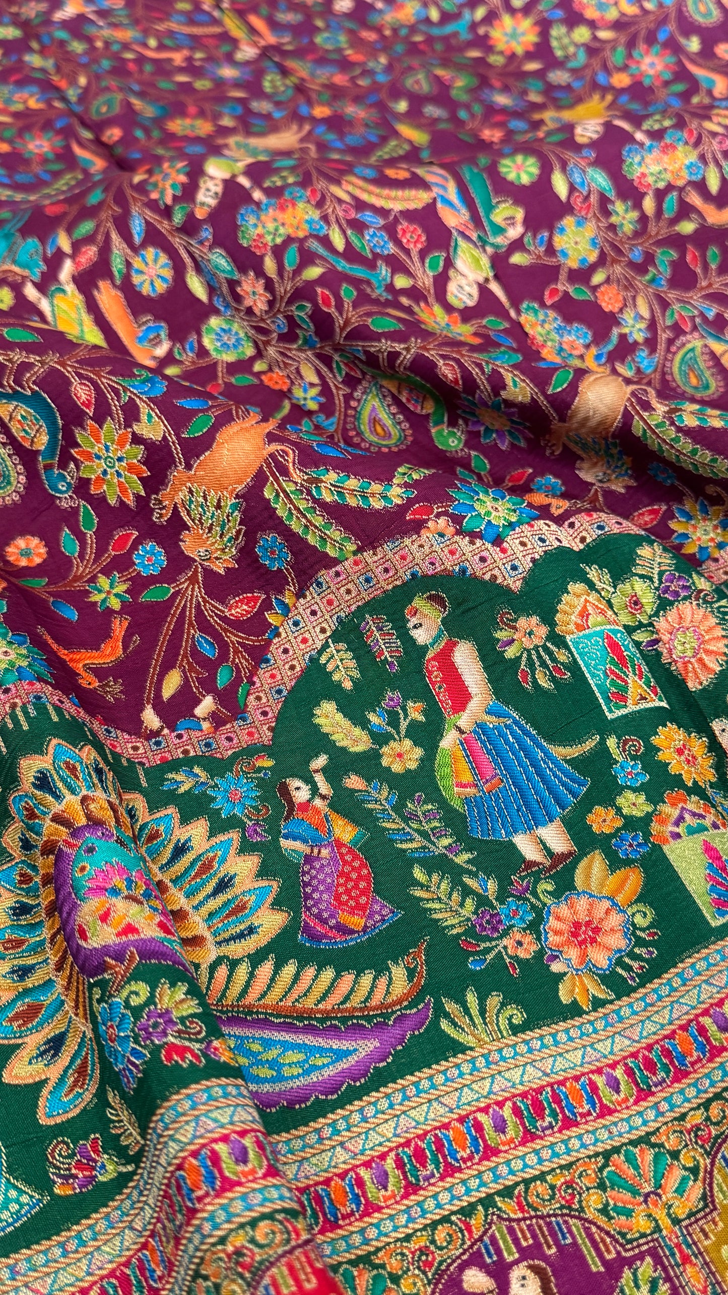 A Kashmiri Pashmina Banarasi Handwoven Storytelling Sarees - Wine & Teal