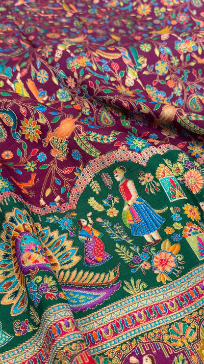 A Kashmiri Pashmina Banarasi Handwoven Storytelling Sarees - Wine & Teal