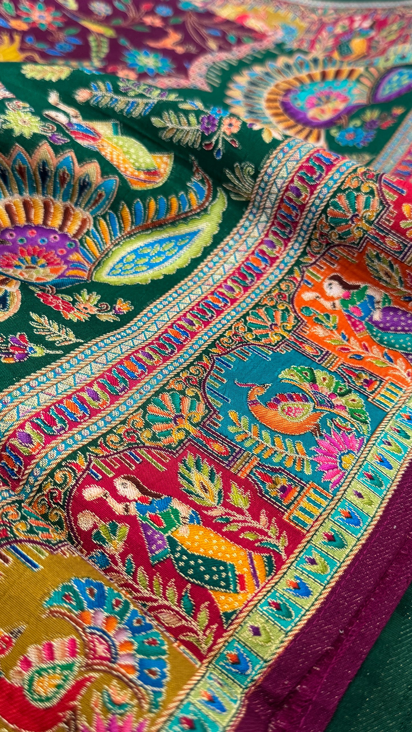 A Kashmiri Pashmina Banarasi Handwoven Storytelling Sarees - Wine & Teal