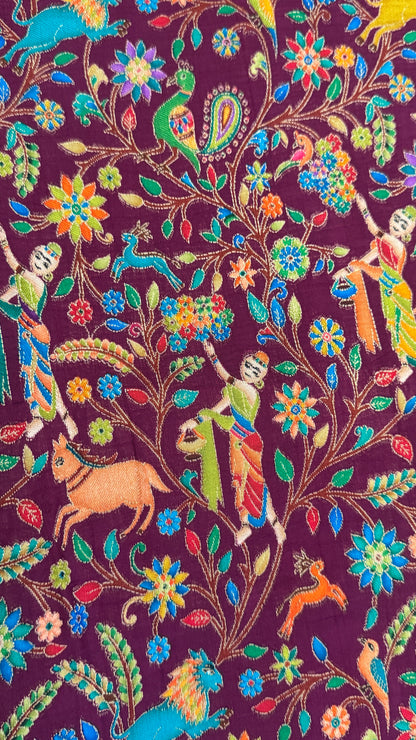 A Kashmiri Pashmina Banarasi Handwoven Storytelling Sarees - Wine & Teal