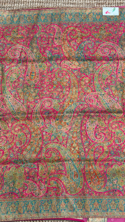 A Kashmiri Pashmina Banarasi Handwoven Floral Saree - Pink